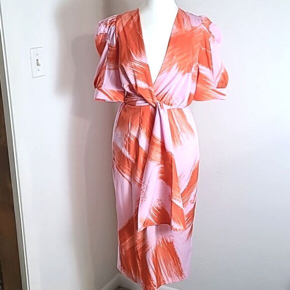 Entro Pink & Orange Midi-Dress, Short Puff Sleeves, Tie Waist, Size Small - Picture 1 of 9